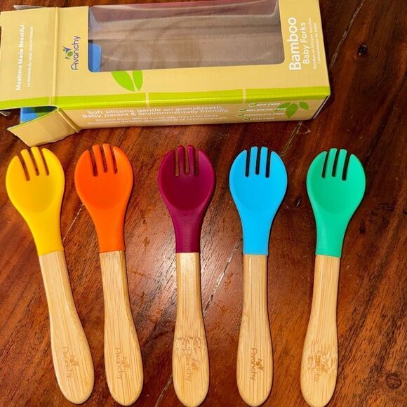 AVANCHY BAMBOO BABY FORKS SET - BPA FORKS - BAMBOO AND SILICONE TODDLER FORK - Picture 1 of 6